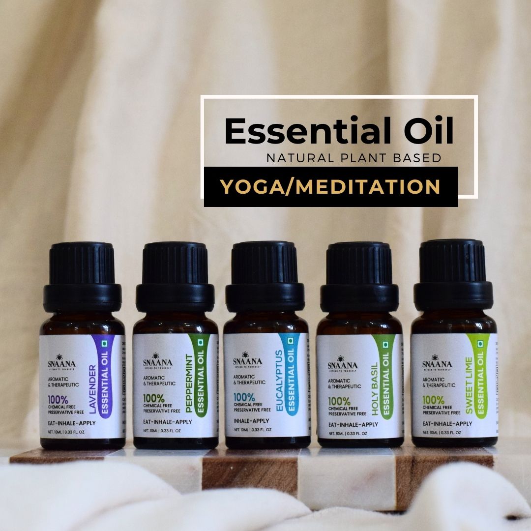 Essential Oil Yoga/Meditation Combo (Pack of 5 - Lavender + Peppermint + Eucalyptus + Holy basil + Sweet lime)